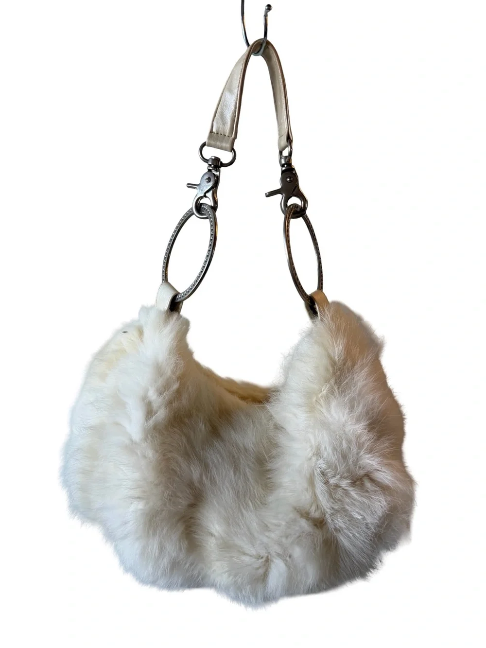 White Real Fur Hobo Shoulder Bag - Soft Plush Style 90s Y2K